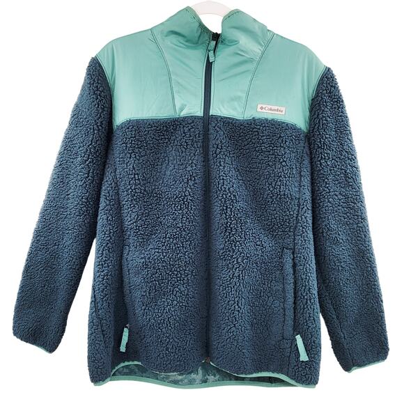 Columbia Winter Pass Fleece Full Zip Jacket Blue & Green Colorblock Women's XL - Picture 1 of 9